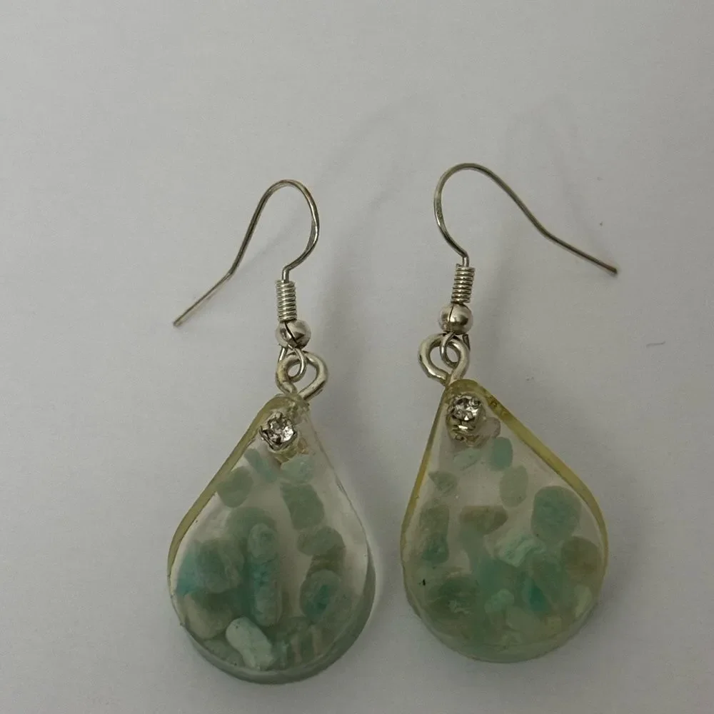 Green and Silver Resin & Stone Teardrop Earrings/Necklace Set
